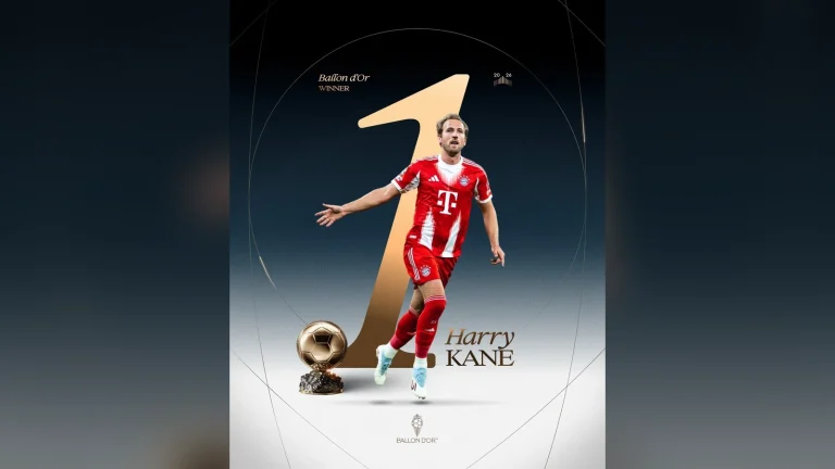 Ảnh đồ họa Harry Kane trong áo Bayern Munich cạnh số 1 và Quả bóng vàng 2026