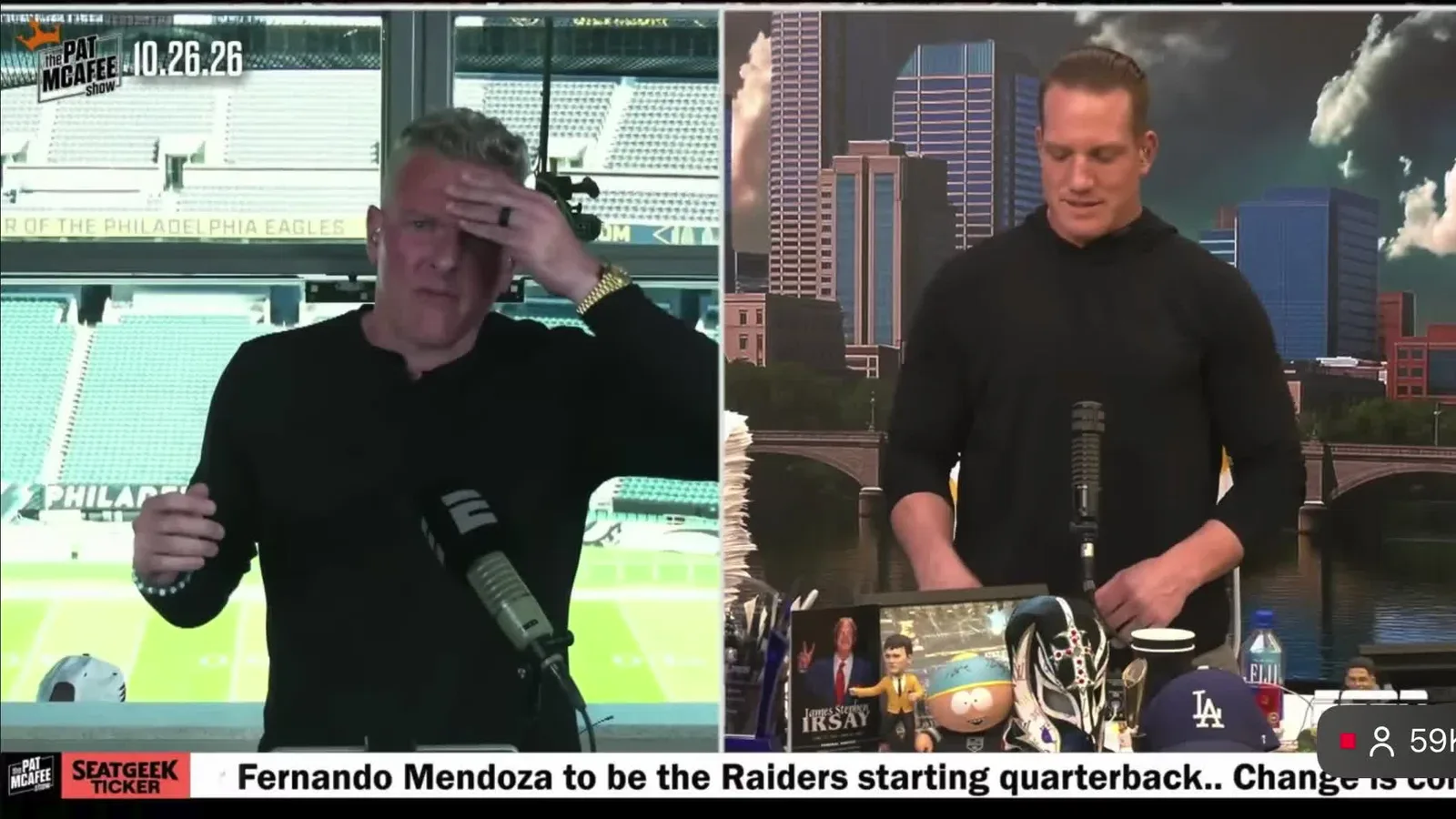 Pat McAfee đưa tay ôm trán khi kể về chuyến đi Đại học Utah trên The Pat McAfee Show