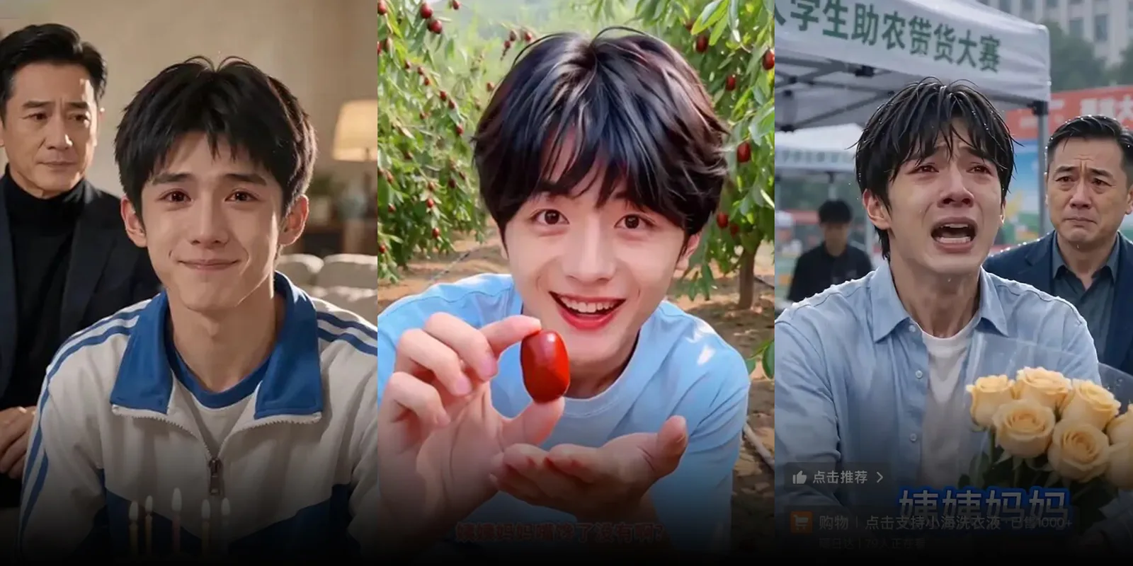 Ba khung hình video Xiaohai trên Douyin: cậu thiếu niên do AI tạo ra cười, cầm quả táo đỏ và khóc trước gian hàng