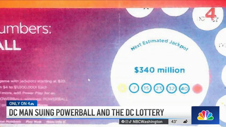 Ảnh chụp trang web DC Lottery hiển thị dãy số 7 15 23 32 40 và giải độc đắc ước tính 340 triệu USD