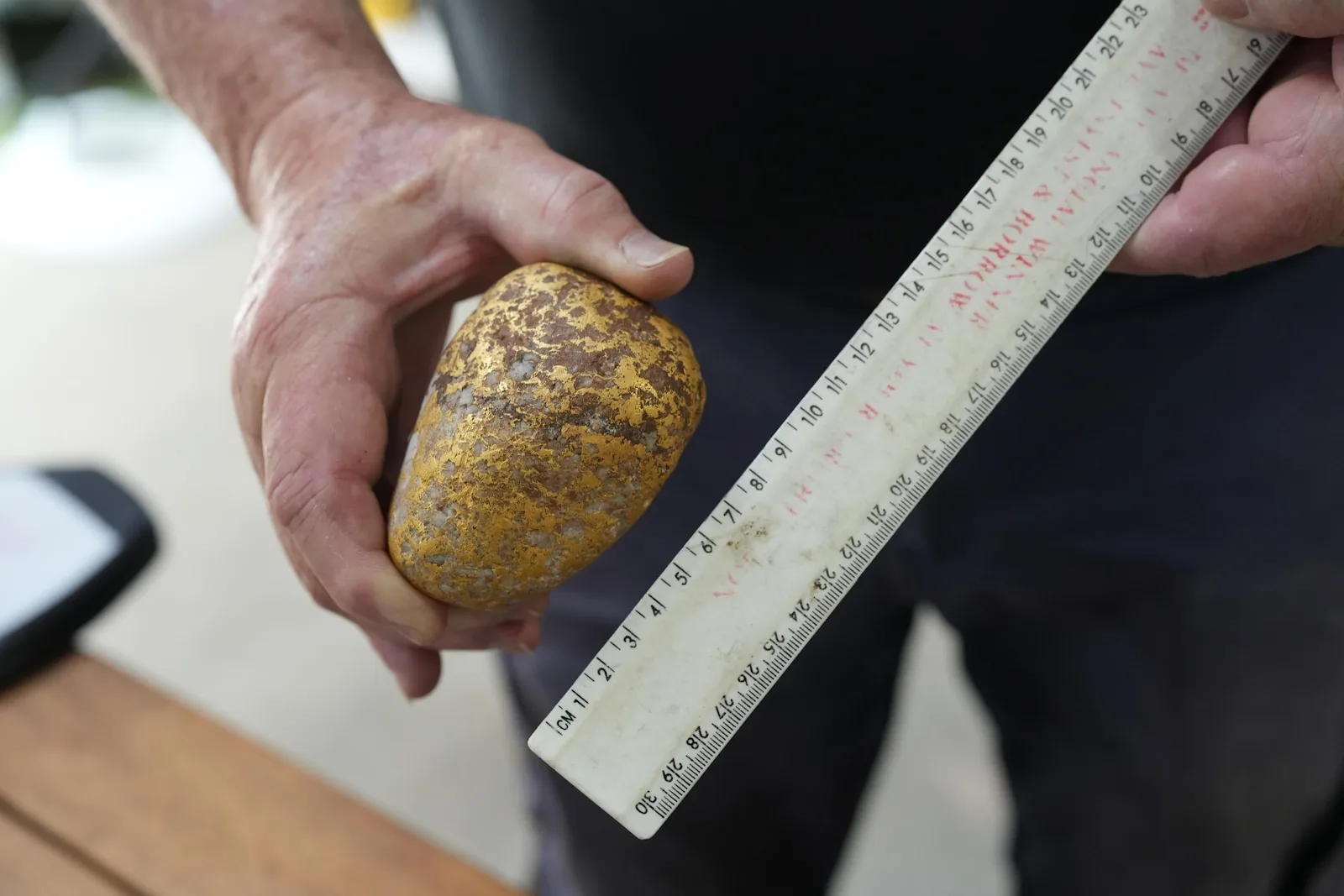 Cục vàng Tibooburra Spud đặt cạnh thước đo kích thước