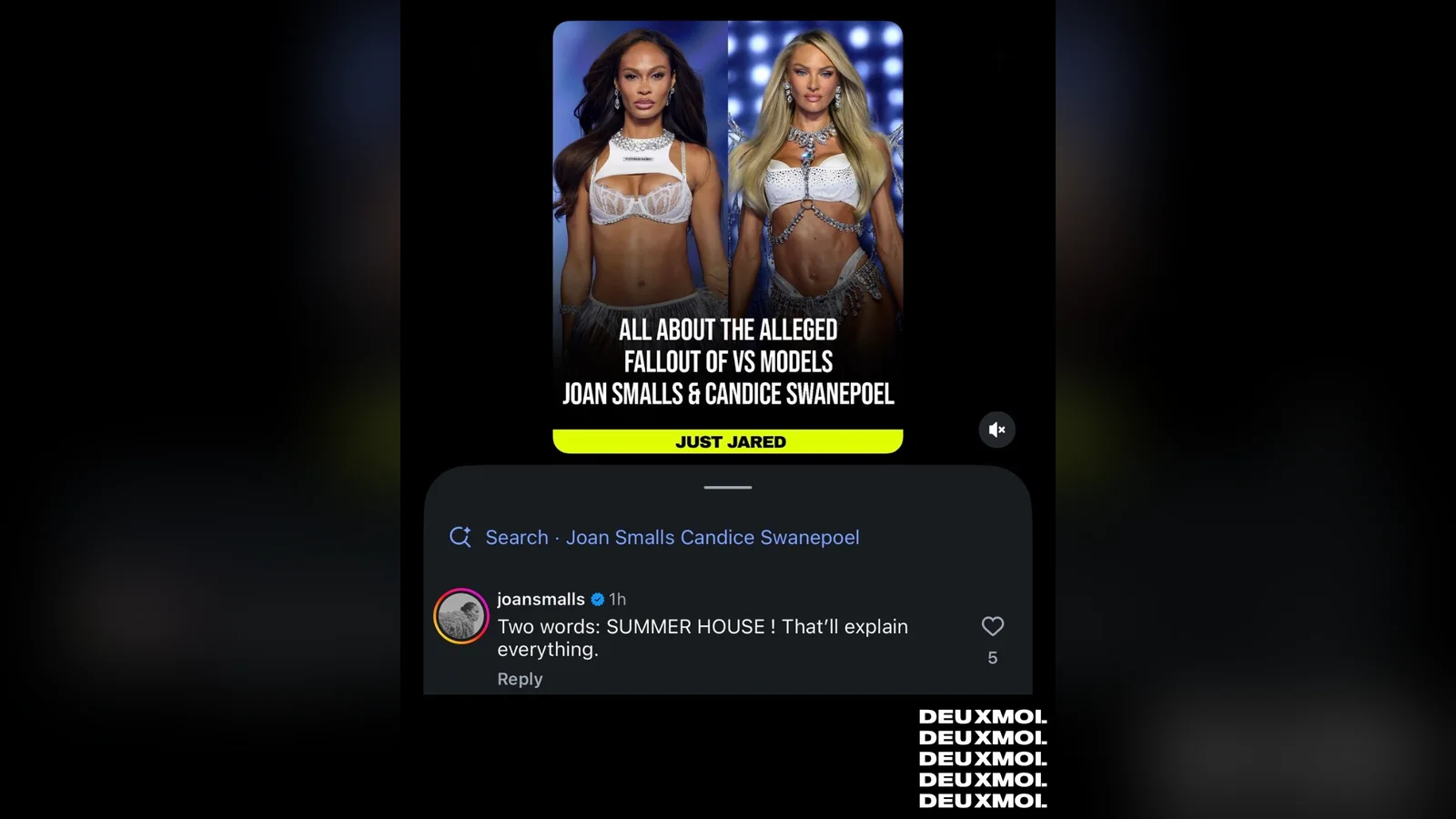 Ảnh chụp màn hình bình luận Two words: SUMMER HOUSE của Joan Smalls dưới bài đăng của Just Jared