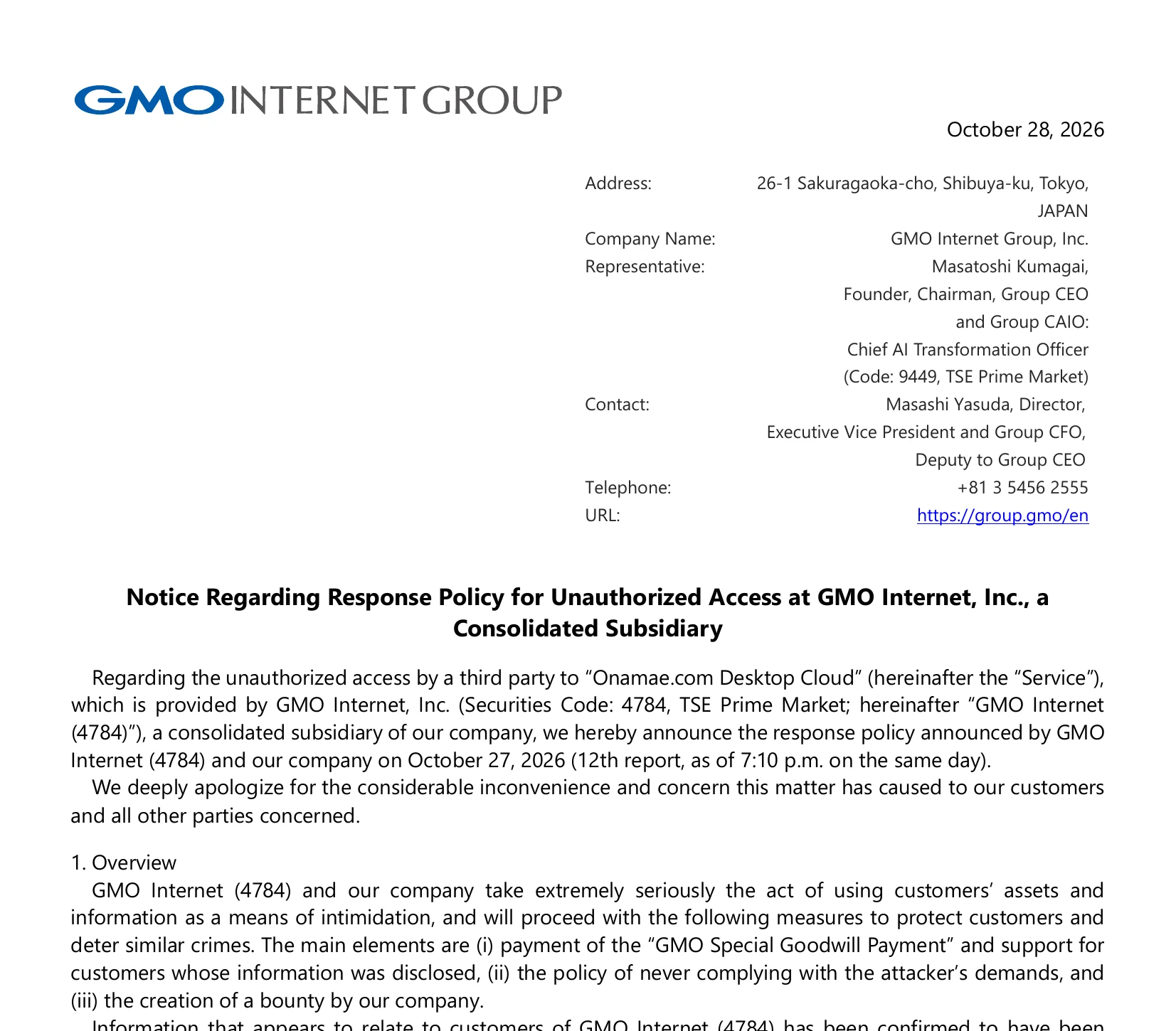 Thông báo của GMO Internet Group ngày 28/10/2026 về chính sách xử lý vụ truy cập trái phép Onamae.com Desktop Cloud