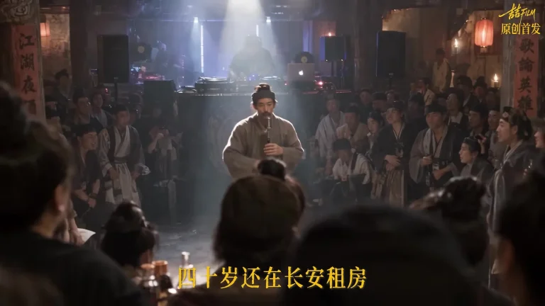Nhân vật Đỗ Phủ đứng giữa quán rượu đông người cầm micro, phụ đề kể chuyện 40 tuổi vẫn thuê nhà ở Trường An