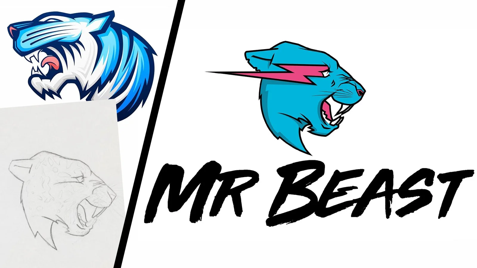 So sánh bản phác thảo bút chì con mèo rừng với logo MrBeast màu xanh có tia sét hồng