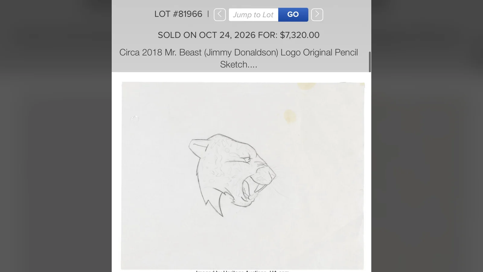 Trang đấu giá Heritage ghi bản phác thảo logo MrBeast bán ngày 24/10/2026 giá 7.320 USD