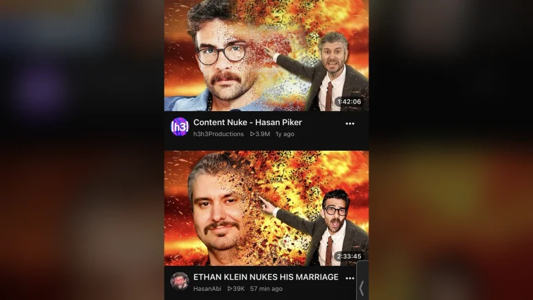 Hai ảnh bìa video đặt cạnh nhau: Content Nuke của Ethan Klein nhắm vào Hasan Piker và video Hasan Piker đáp trả Ethan Klein
