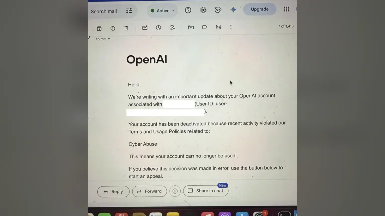 Ảnh chụp email OpenAI báo tài khoản bị vô hiệu hóa vì vi phạm chính sách liên quan đến Cyber Abuse