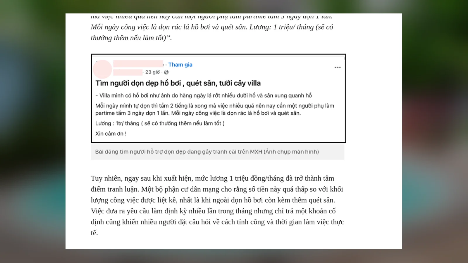 Ảnh chụp màn hình bài đăng tuyển người dọn hồ bơi, quét sân villa lương 1 triệu đồng một tháng