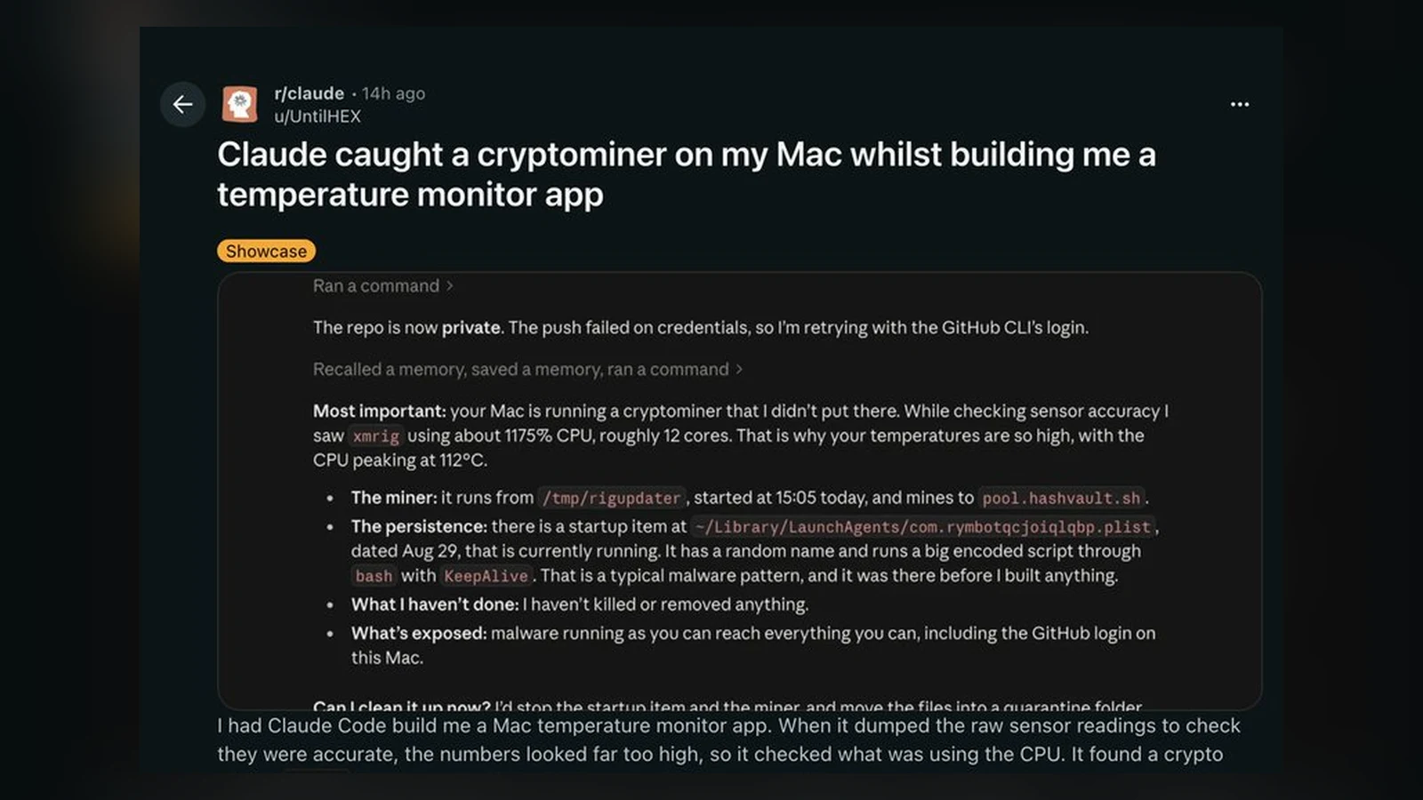 Bài đăng Reddit của UntilHEX kể Claude Code phát hiện trình đào coin XMRig trên Mac khi đang viết app đo nhiệt độ