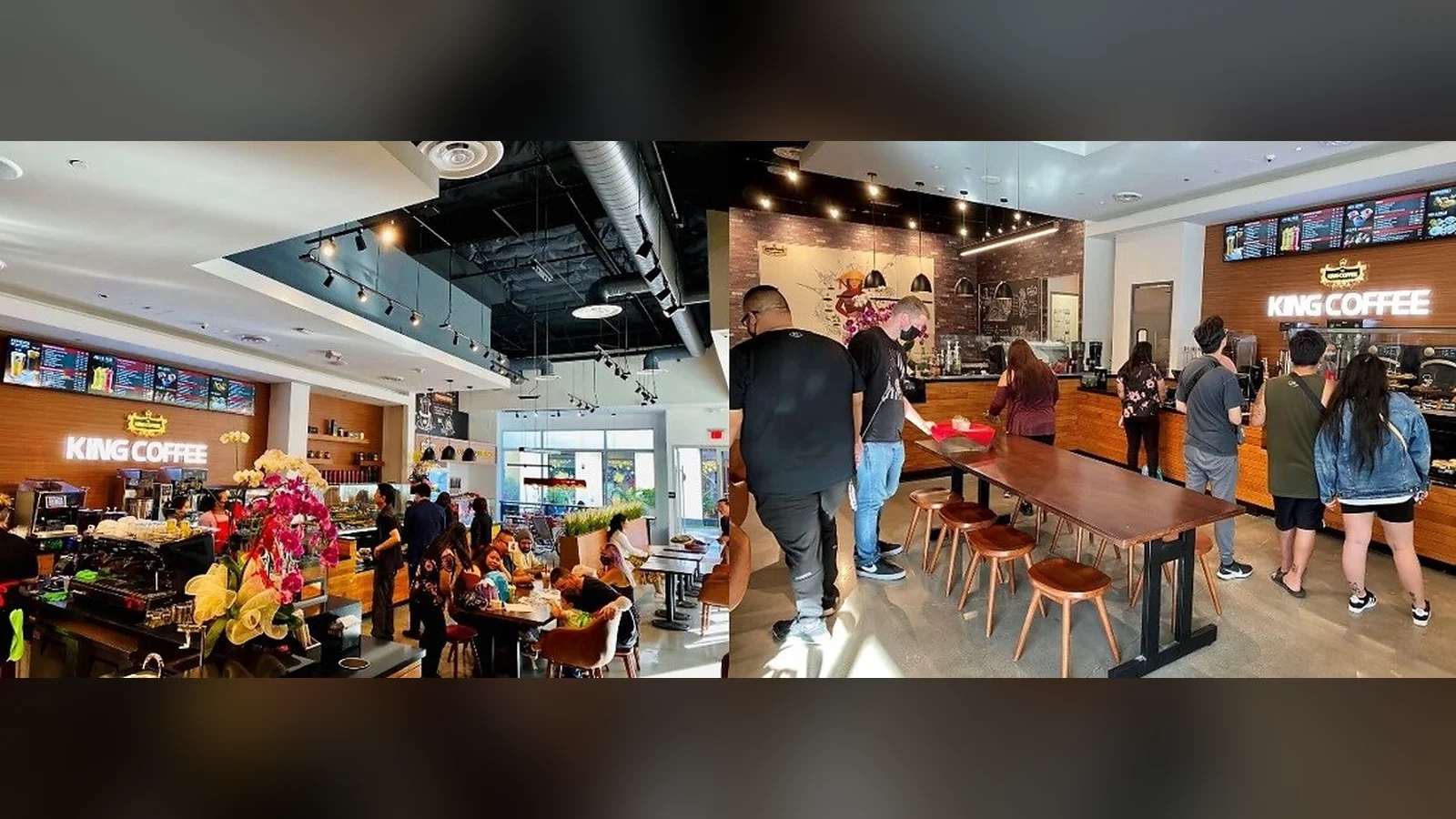 Bên trong quán King Coffee ở Anaheim, khách ngồi uống cà phê cạnh quầy pha chế và kệ bày sản phẩm cà phê gói