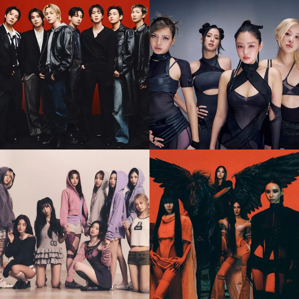 Ảnh ghép bốn nhóm BTS, BLACKPINK, TWICE và aespa, đại diện bốn công ty lớn nhất K-pop