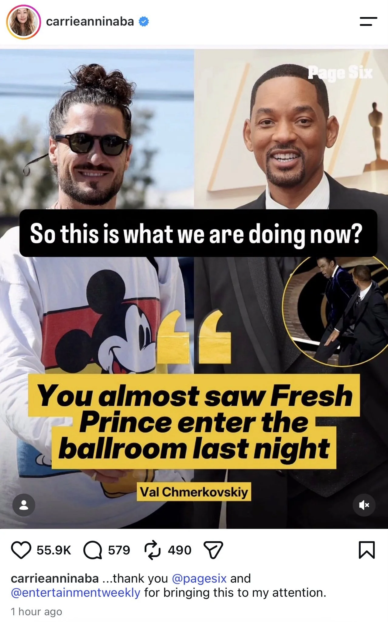 Bài đăng Instagram của Carrie Ann Inaba chia sẻ ảnh Val Chmerkovskiy cạnh Will Smith kèm câu hỏi So this is what we are doing now