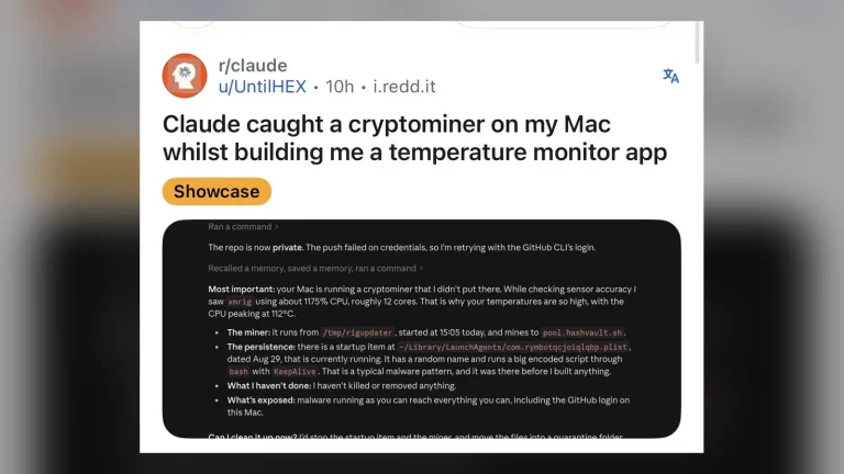 Báo cáo của Claude Code cho biết chiếc Mac đang chạy trình đào coin xmrig chiếm khoảng 1175% CPU, nhiệt độ CPU lên 112 độ C