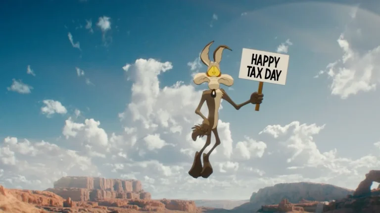 Wile E. Coyote lơ lửng trên vực, giơ tấm biển Happy Tax Day trong teaser Coyote vs. Acme