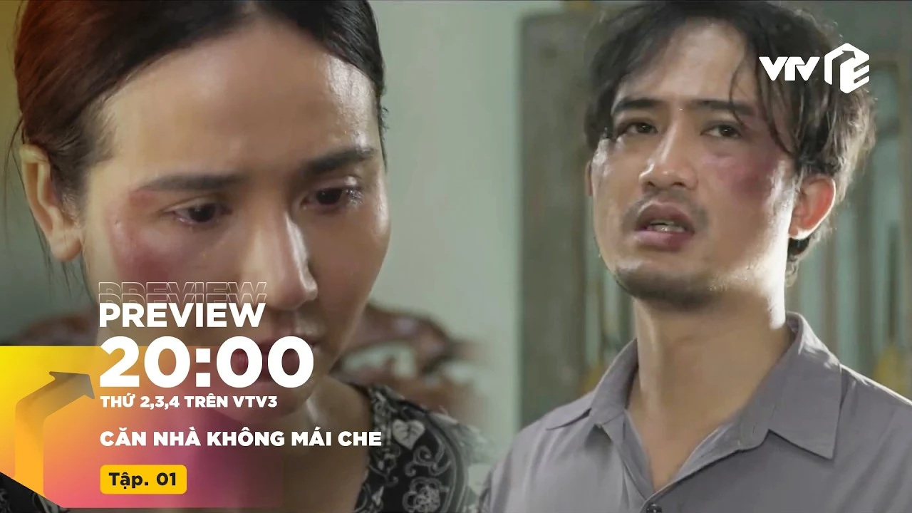 Hạnh (Huyền Lizzie) mặt bầm tím và Bình (Doãn Quốc Đam) trong tập 1 phim Căn nhà không mái che
