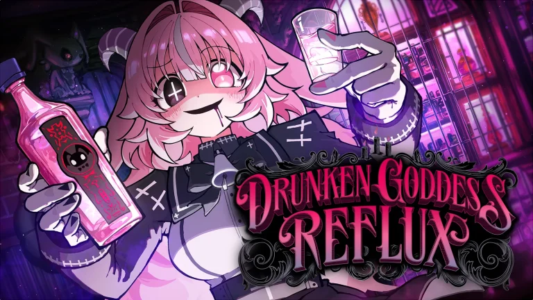 Ảnh bìa Drunken Goddess Reflux: cô quỷ tóc hồng có sừng cầm chai rượu và ly, bên cạnh logo game