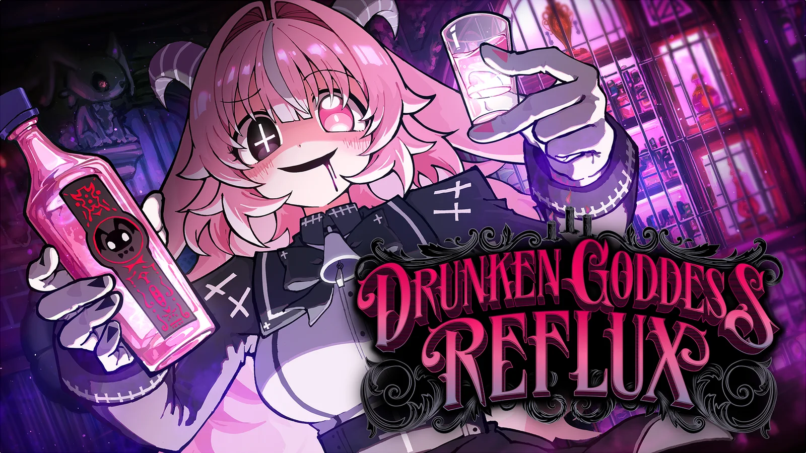 Ảnh bìa Drunken Goddess Reflux: cô quỷ tóc hồng có sừng cầm chai rượu và ly, bên cạnh logo game