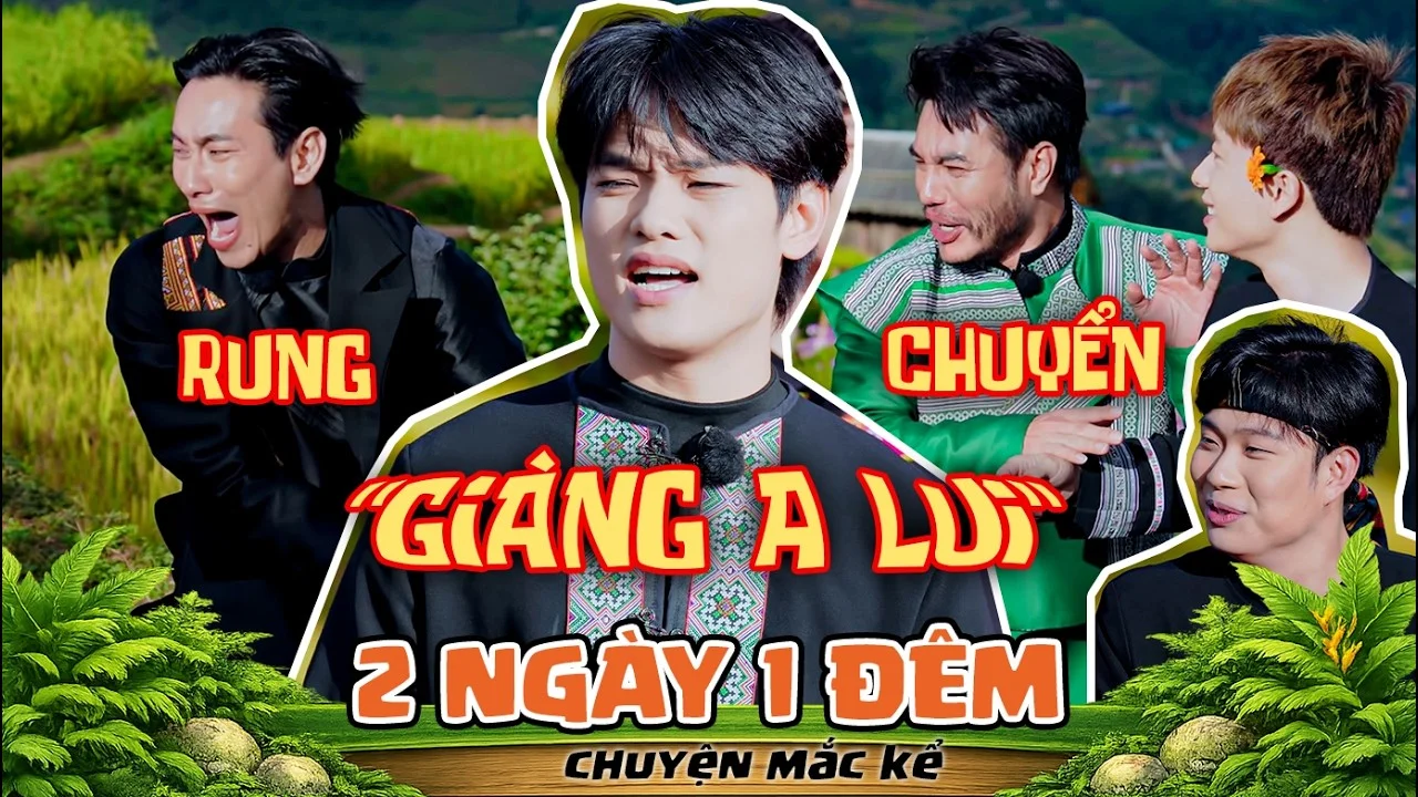 buitruonglinh mặc áo thổ cẩm với dòng chữ Giàng A Lui, phía sau là các thành viên 2 Ngày 1 Đêm đang cười