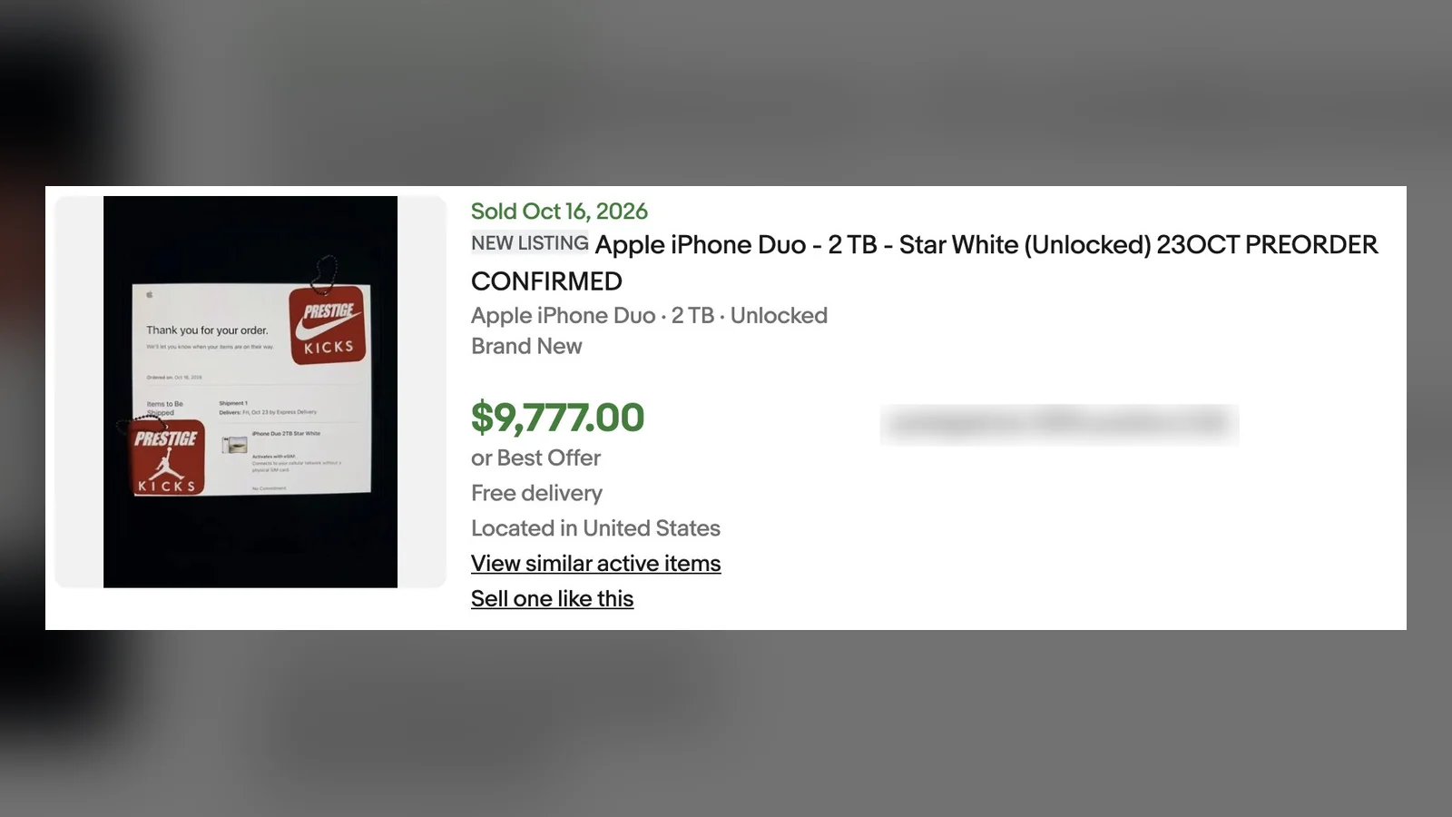 Ảnh chụp màn hình đơn iPhone Duo 2 TB Star White đặt trước giao ngày 23/10 được ghi bán 9.777 đô trên eBay