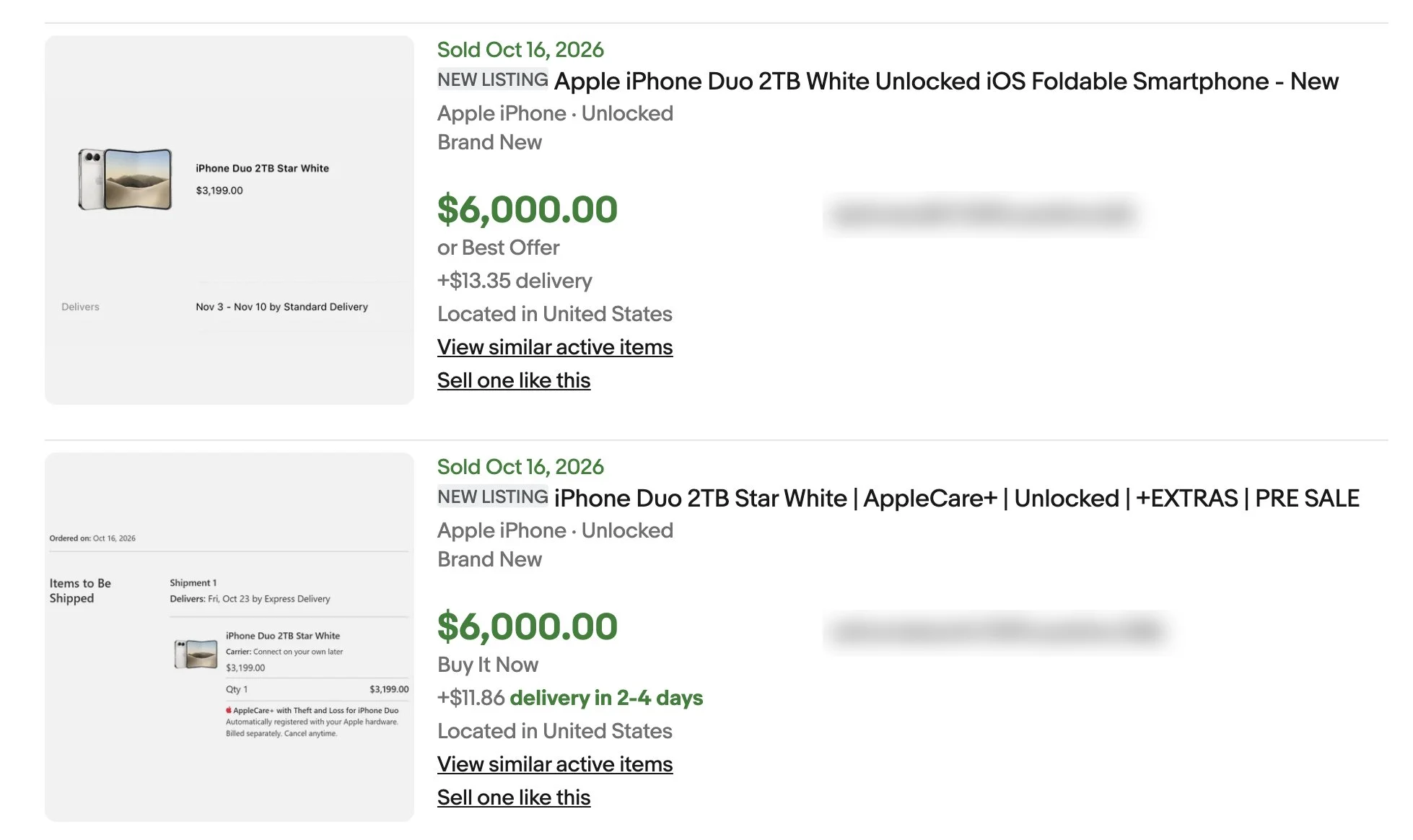 Ảnh chụp màn hình hai đơn iPhone Duo 2 TB màu Star White được ghi bán 6.000 đô trên eBay ngày 16/10/2026