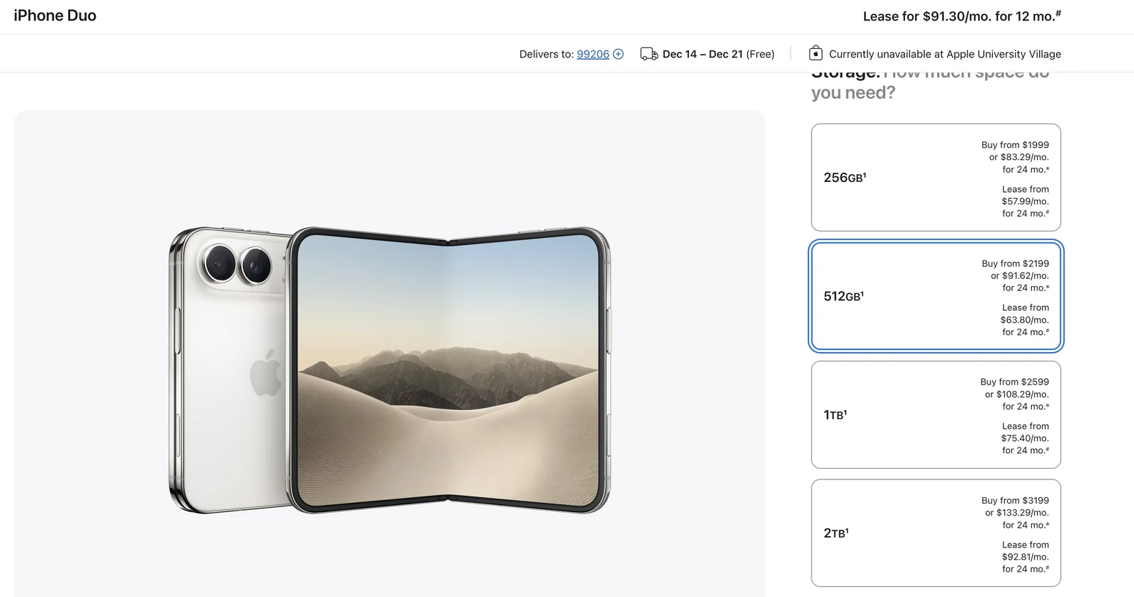 Trang đặt mua iPhone Duo trên Apple Store Mỹ với bảng giá từ 1.999 đô đến 3.199 đô