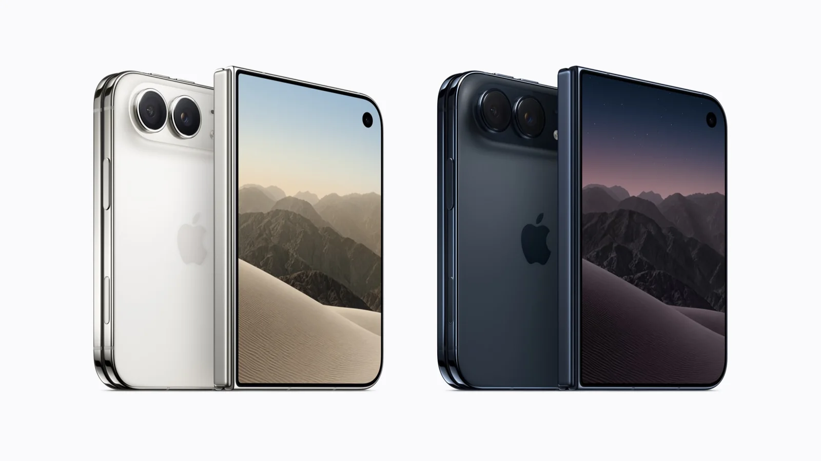 Hai chiếc iPhone Duo màu trắng ánh sao và màu tối đứng cạnh nhau, mở hé màn hình gập