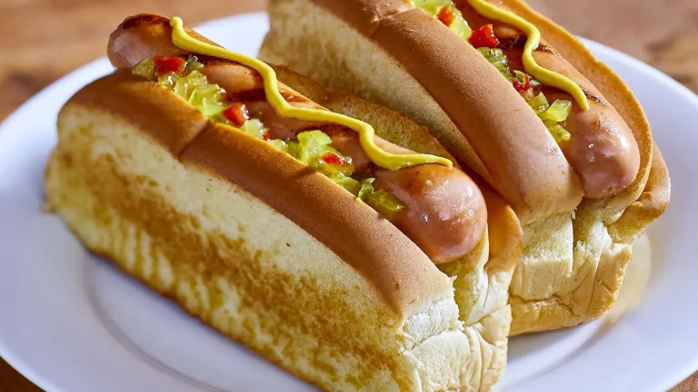 Hai chiếc hot dog kẹp xúc xích Kayem với mù tạt và dưa muối trên đĩa trắng