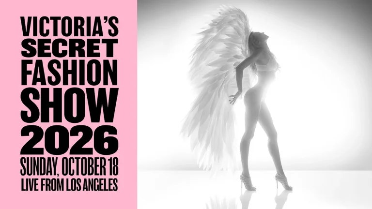 Poster Victoria's Secret Fashion Show 2026 với người mẫu đeo cánh thiên thần