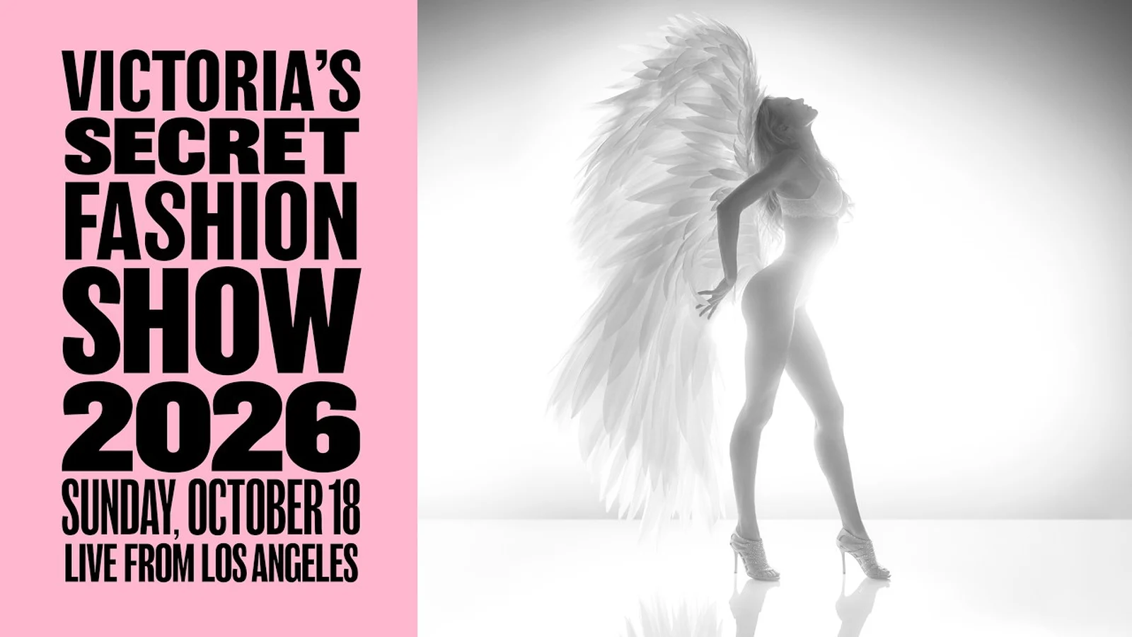 Poster Victoria's Secret Fashion Show 2026 với người mẫu đeo cánh thiên thần