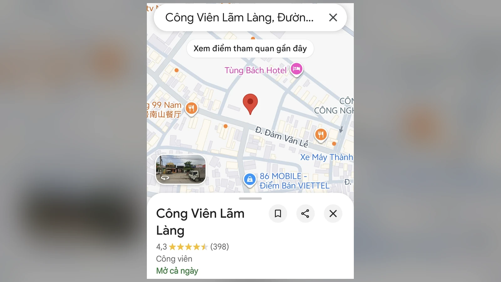 Trang Google Maps của Công Viên Lãm Làng ở Bắc Ninh hiện 4,3 sao với 398 lượt đánh giá