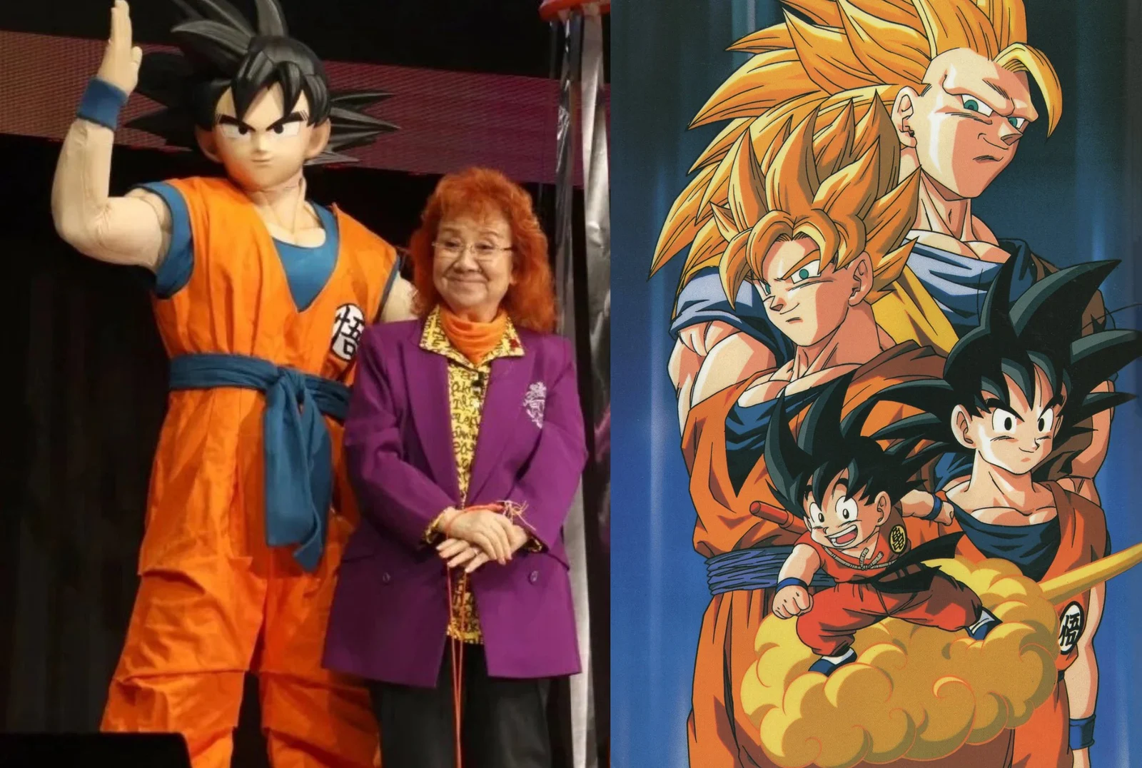 Masako Nozawa đứng cạnh tượng Goku cỡ người thật, bên phải là tranh Goku qua các thời kỳ