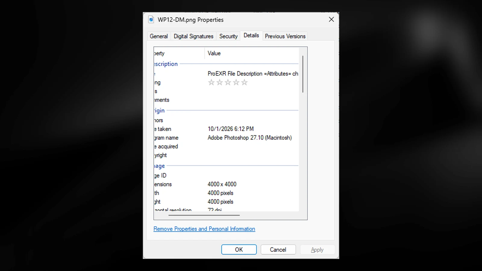Bảng thuộc tính file hình nền WP12-DM.png ghi chương trình Adobe Photoshop 27.10 (Macintosh)
