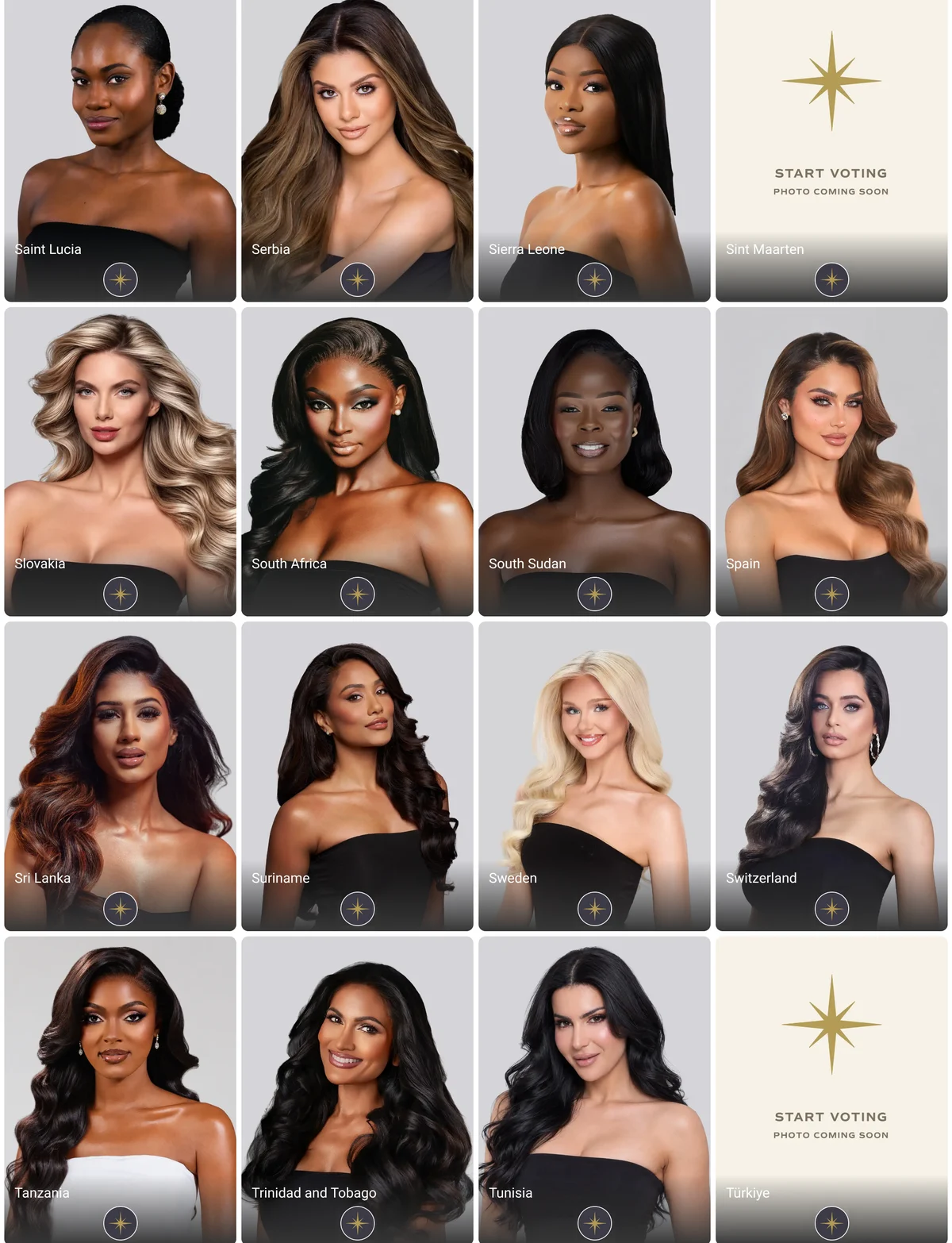 Đoạn danh sách bình chọn Miss Universe 2026 từ Saint Lucia tới Türkiye, không có Singapore và Thái Lan