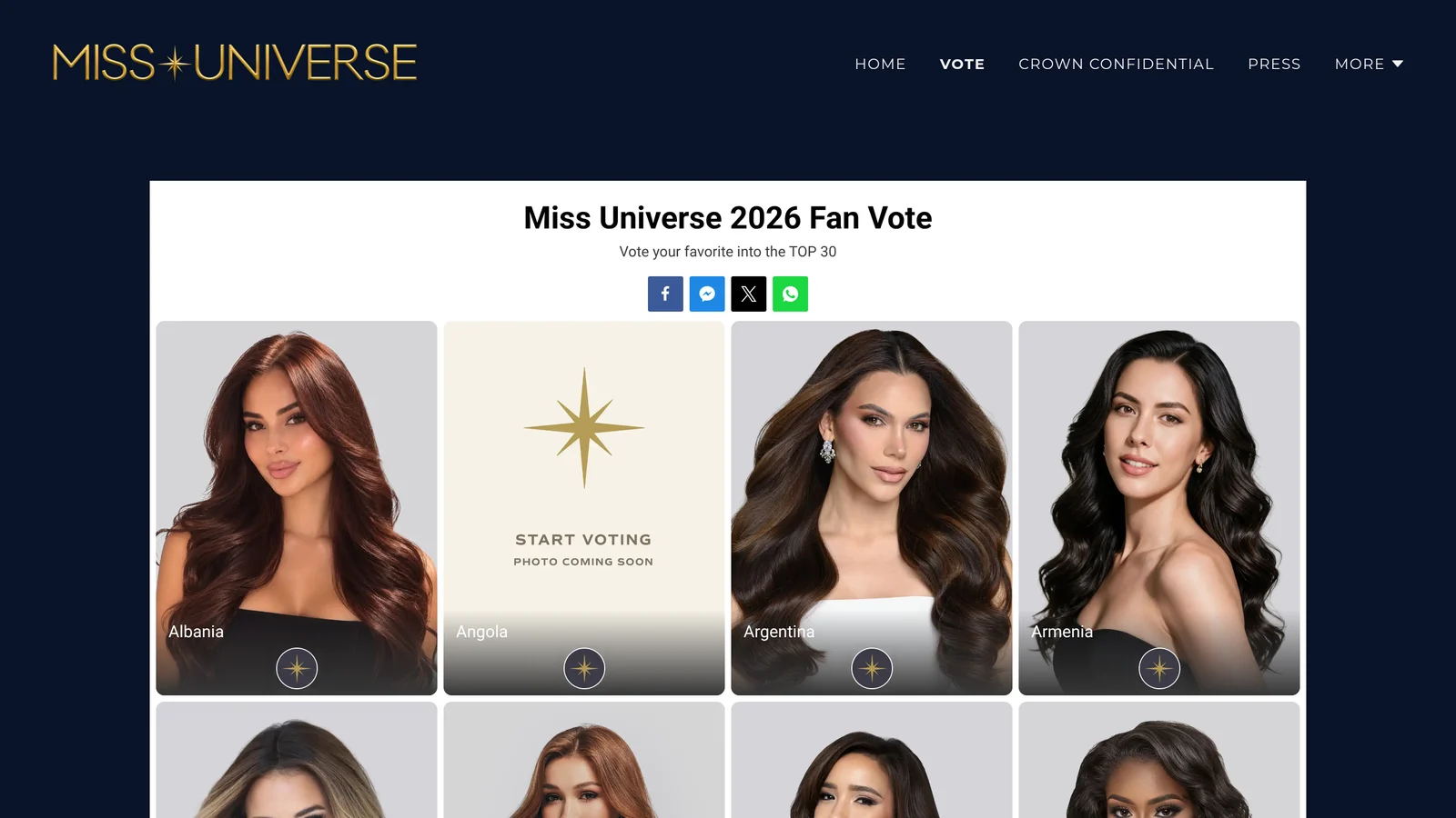 Trang bình chọn Miss Universe 2026 Fan Vote của tổ chức Miss Universe