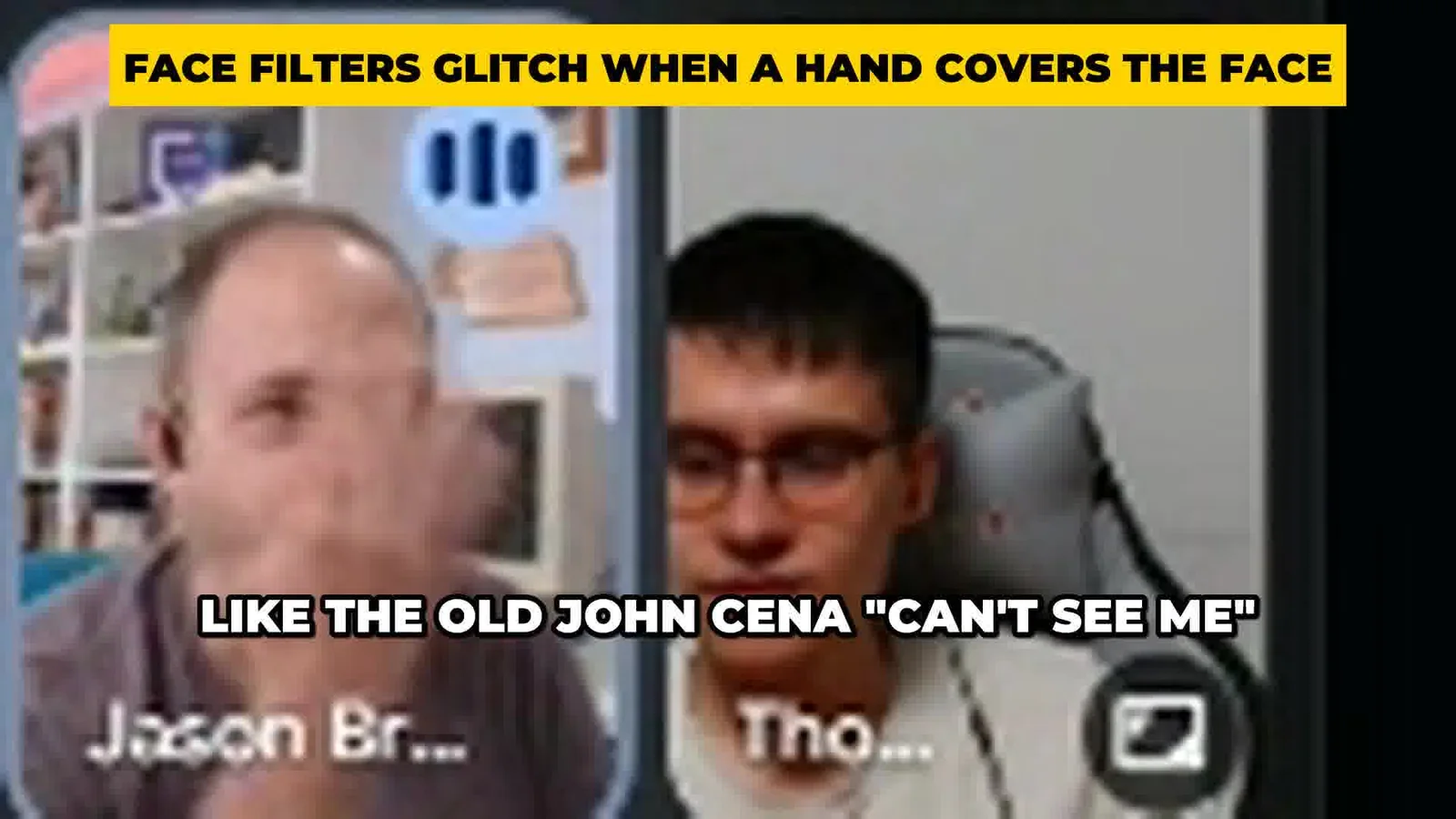 Nhà tuyển dụng Jason đưa bàn tay ngang trước mặt làm mẫu động tác You Can't See Me của John Cena trong buổi phỏng vấn online