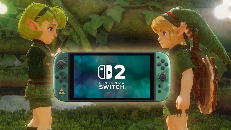 Máy Nintendo Switch 2 bản Zelda 40 năm với Joy-Con xanh lá ánh vàng, phía sau là Link và Saria trong Ocarina of Time