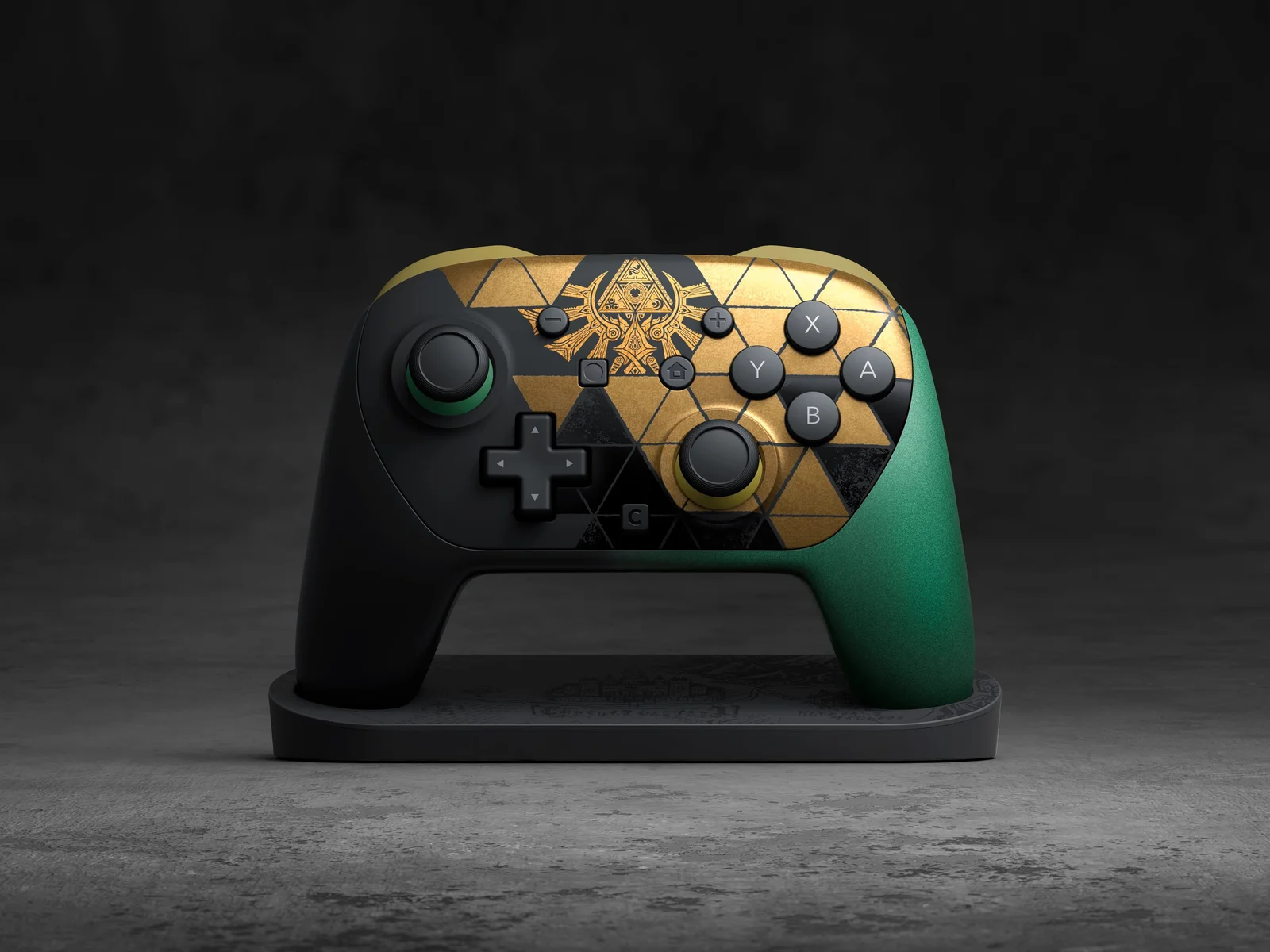 Tay cầm Pro Controller bản Zelda 40 năm cho Nintendo Switch 2 phối đen, vàng và xanh lá với biểu tượng Triforce