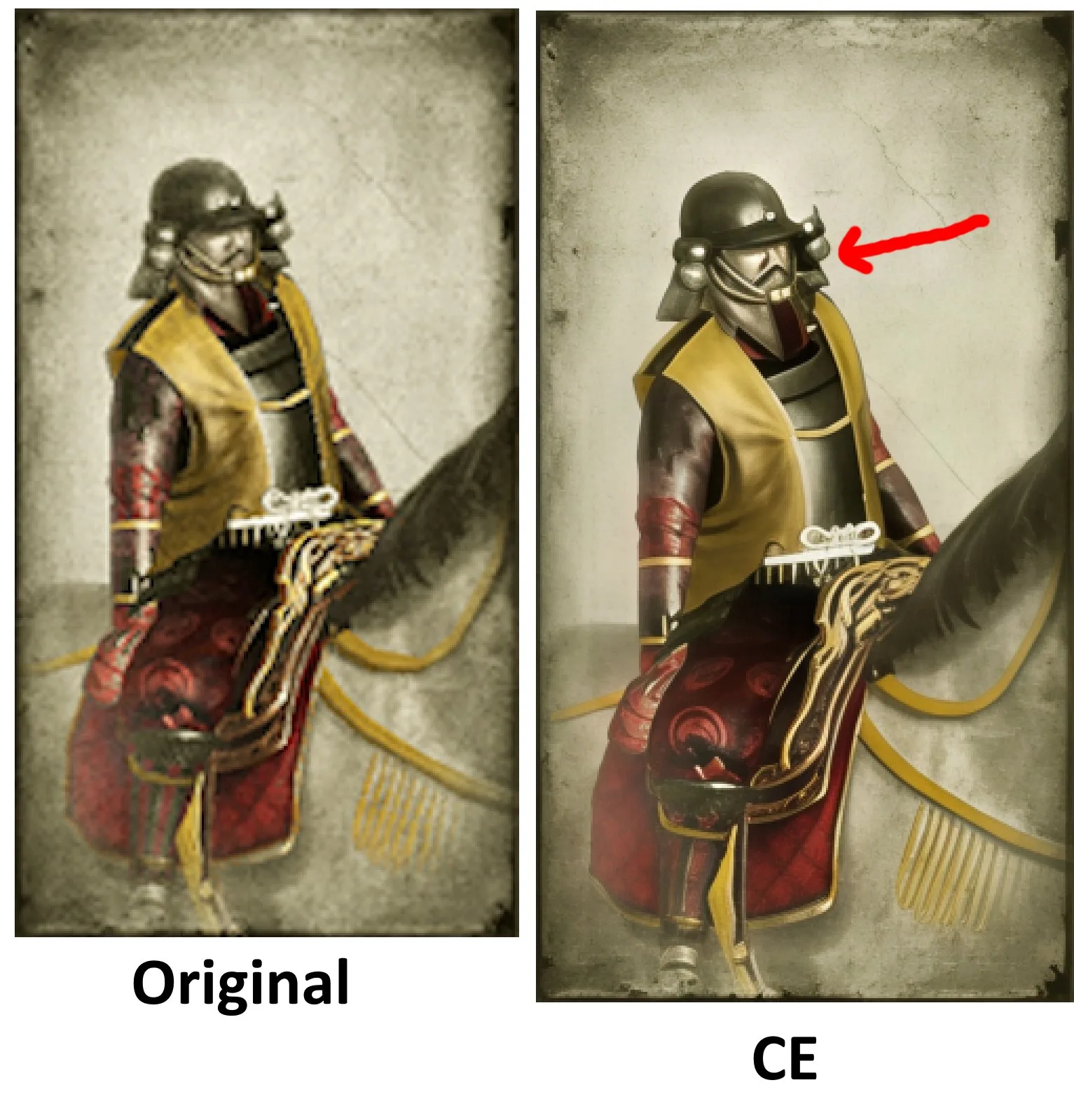 Ảnh so sánh thẻ lính samurai trong Shogun 2 bản gốc và bản Complete Edition, phần mũ và mặt bị nhòe