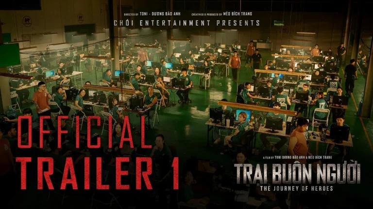 Poster trailer Trại buôn người: không gian trại máy tính đông người và tiêu đề phim