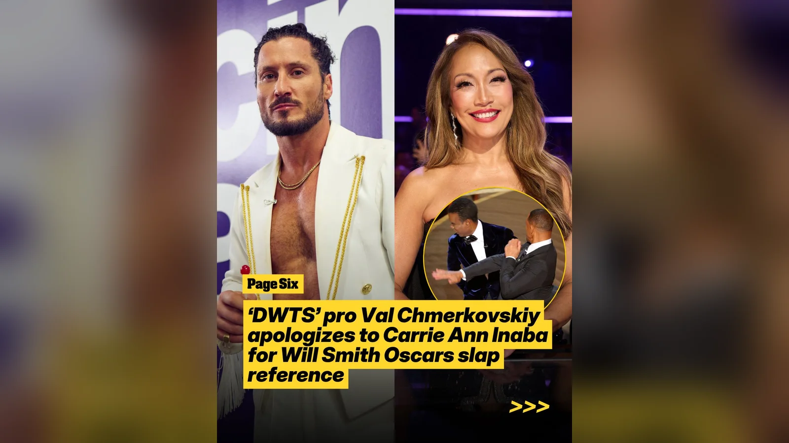 Val Chmerkovskiy và giám khảo Carrie Ann Inaba, góc ảnh nhỏ là cú tát của Will Smith ở Oscar 2022