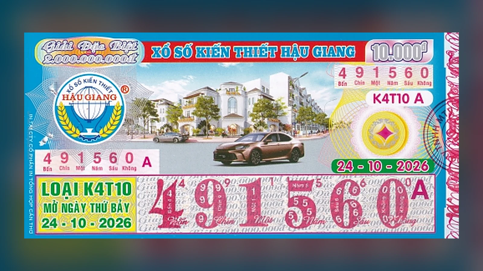 Mẫu tờ vé số kiến thiết Hậu Giang loại K4T10 mở thưởng ngày 24/10/2026
