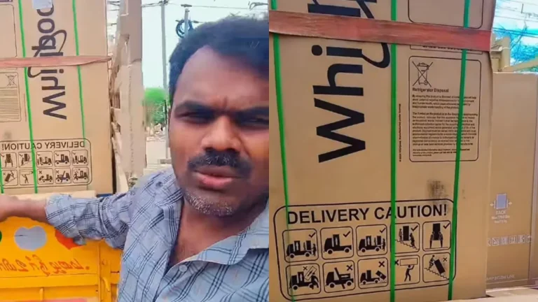 Veeramani đứng cạnh những thùng hàng điện máy giao tới nhà ở Madurai, Ấn Độ